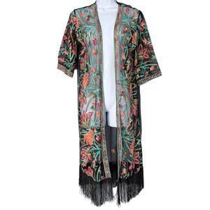 Rebellion Sheer Embroidered Floral Fringe Duster Kimono Womens XS Boho Festival